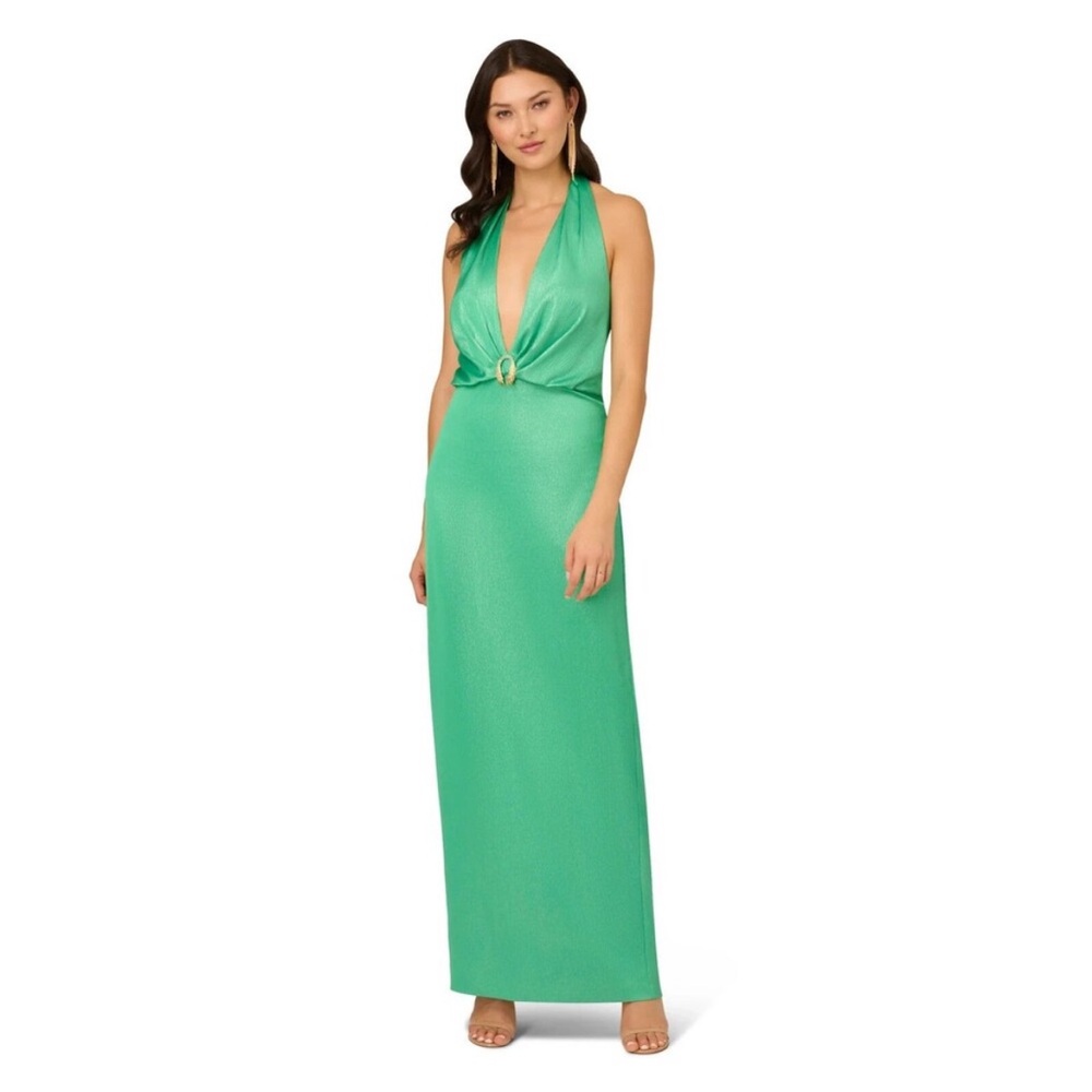 Liv Foster Foiled Satin Green Halter Dress 6